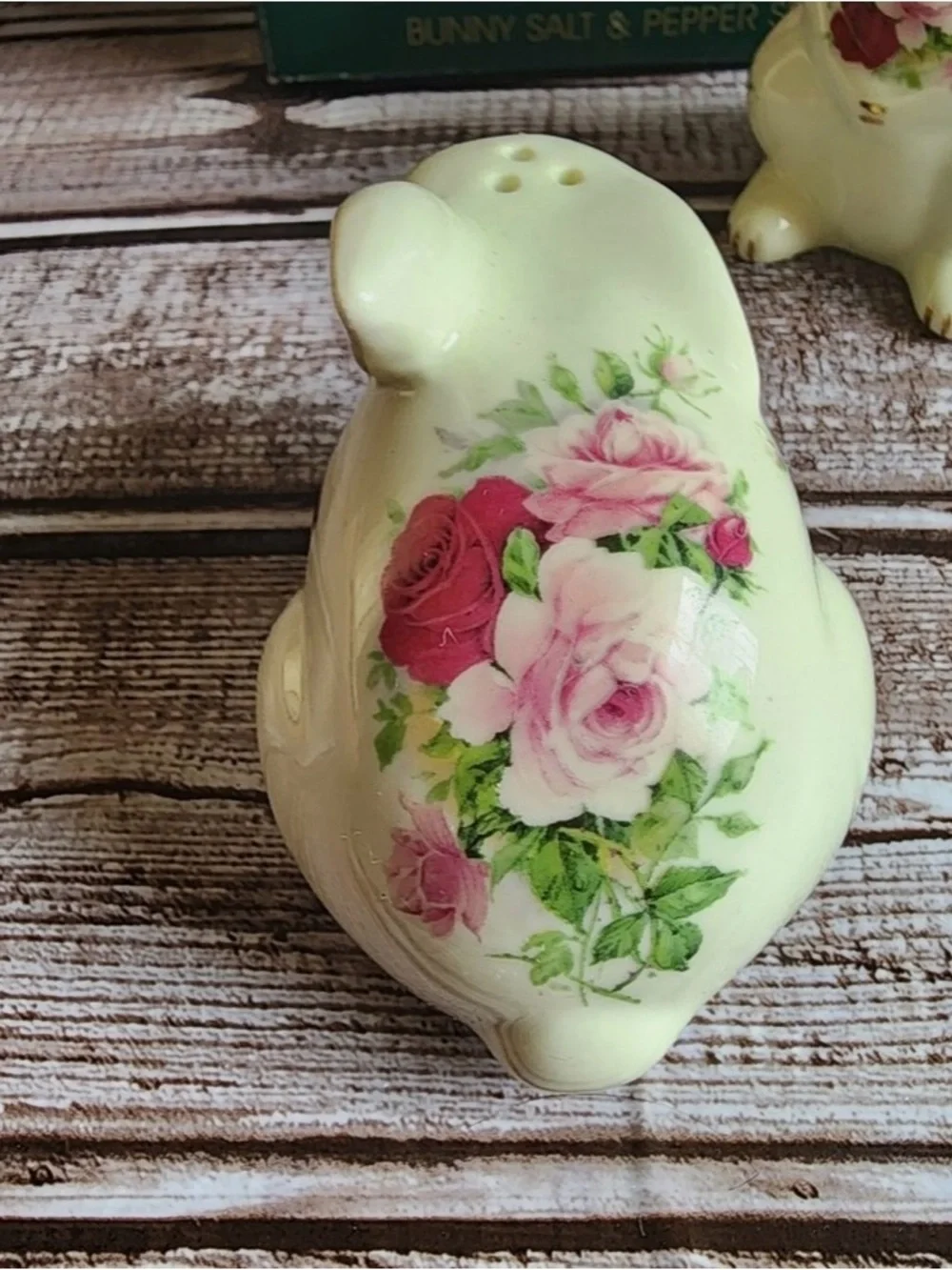 Vintage Victorian Rose Porcelain Bunny Salt and Pepper Shakers